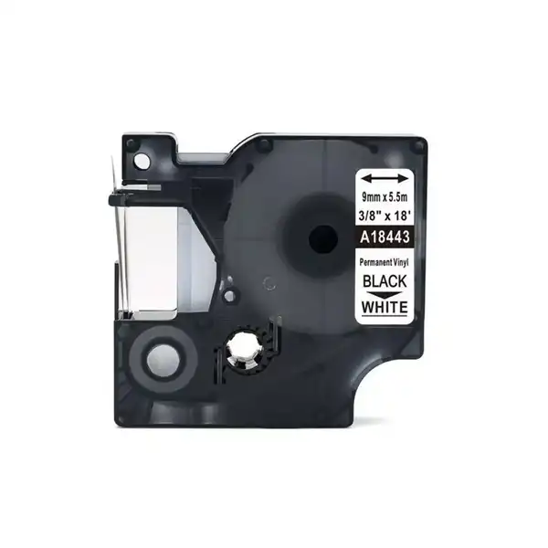 CINTA VINILO BLANCO/LETRA NEGRO 9 MM X 5.5 MTS