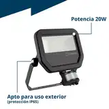 PROYECTOR LED COMPACT 20W CON SENSOR 5000K FRIO 1800 lm 20000 hrs