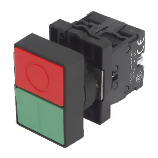 PULSADOR PLASTICO DOBLE SALIENTE ROJO-VERDE 1 NA 1 NC