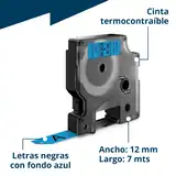 CINTA D1 12 MM X 7 MTS PLASTICO AZUL/LETRA NEGRO