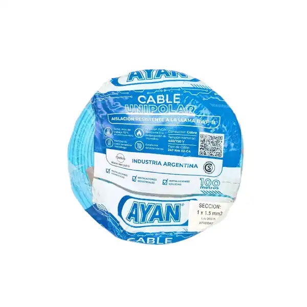 CABLE UNIPOLAR 1.50 MM2 CELESTE X 100 MTS