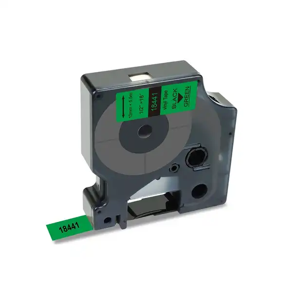 CINTA VINILO VERDE/LETRA NEGRO 12 MM X 5.5 MTS