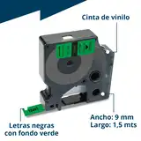 CINTA VINILO VERDE/LETRA NEGRO 12 MM X 5.5 MTS